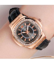 Rhinestone Rimmed Square Dial Leather Texture Band Lady Watch - Black