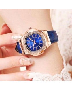 Rhinestone Rimmed Square Dial Leather Texture Band Lady Watch - Blue