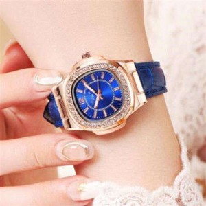 Rhinestone Rimmed Square Dial Leather Texture Band Lady Watch - Blue