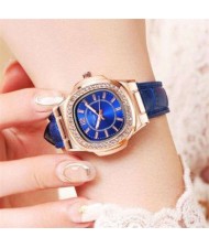 Rhinestone Rimmed Square Dial Leather Texture Band Lady Watch - Blue