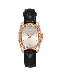 Business Women Fashion Graceful Square Dial Leather Wrist Watch - Black