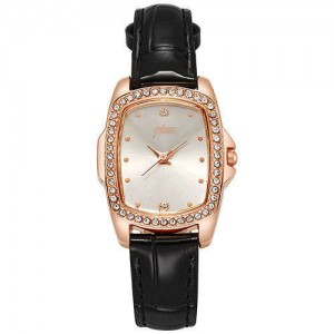 Business Women Fashion Graceful Square Dial Leather Wrist Watch - Black
