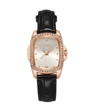 Business Women Fashion Graceful Square Dial Leather Wrist Watch - Black