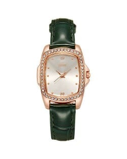 Business Women Fashion Graceful Square Dial Leather Wrist Watch - Green