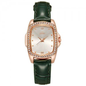 Business Women Fashion Graceful Square Dial Leather Wrist Watch - Green