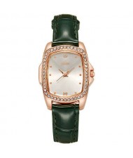 Business Women Fashion Graceful Square Dial Leather Wrist Watch - Green