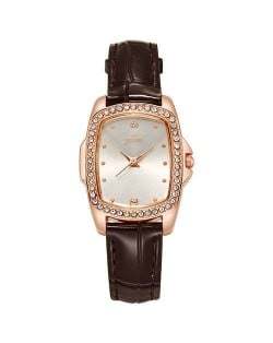 Business Women Fashion Graceful Square Dial Leather Wrist Watch - Brown