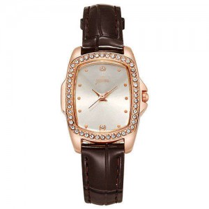Business Women Fashion Graceful Square Dial Leather Wrist Watch - Brown
