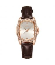 Business Women Fashion Graceful Square Dial Leather Wrist Watch - Brown