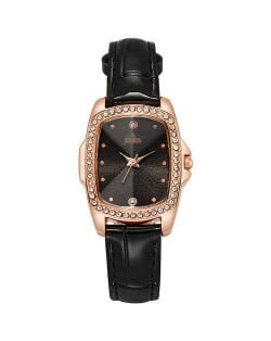 Business Women Style Graceful Black Square Dial Leather Wrist Watch - Black