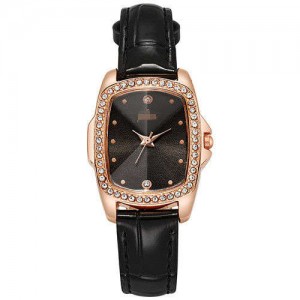 Business Women Style Graceful Black Square Dial Leather Wrist Watch - Black