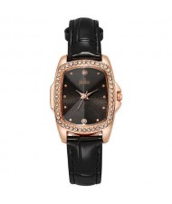 Business Women Style Graceful Black Square Dial Leather Wrist Watch - Black