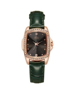 Business Women Style Graceful Black Square Dial Leather Wrist Watch - Green