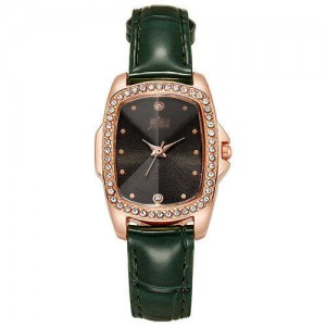 Business Women Style Graceful Black Square Dial Leather Wrist Watch - Green