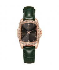 Business Women Style Graceful Black Square Dial Leather Wrist Watch - Green