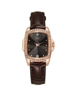 Business Women Style Graceful Black Square Dial Leather Wrist Watch - Brown