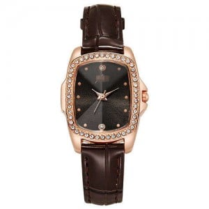 Business Women Style Graceful Black Square Dial Leather Wrist Watch - Brown