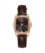 Business Women Style Graceful Black Square Dial Leather Wrist Watch - Brown