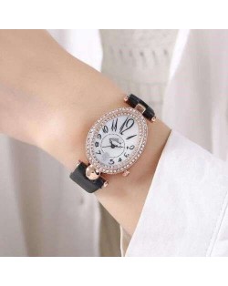 Rhinestone Rimmed Oval Shape Unique Design Women High Fashion Leather Wrist Watch - Black