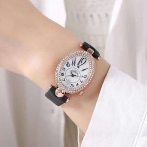 Rhinestone Rimmed Oval Shape Unique Design Women High Fashion Leather Wrist Watch - Black
