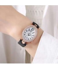 Rhinestone Rimmed Oval Shape Unique Design Women High Fashion Leather Wrist Watch - Black