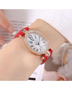 Rhinestone Rimmed Oval Shape Unique Design Women High Fashion Leather Wrist Watch - Red