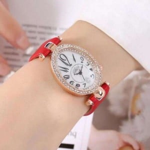 Rhinestone Rimmed Oval Shape Unique Design Women High Fashion Leather Wrist Watch - Red