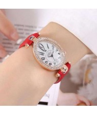 Rhinestone Rimmed Oval Shape Unique Design Women High Fashion Leather Wrist Watch - Red