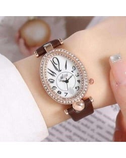 Rhinestone Rimmed Oval Shape Unique Design Women High Fashion Leather Wrist Watch - Brown