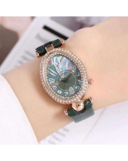 Rhinestone Rimmed Oval Shape Unique Design Women High Fashion Leather Wrist Watch - Green