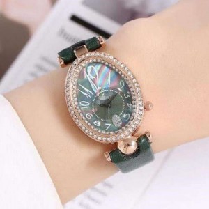 Rhinestone Rimmed Oval Shape Unique Design Women High Fashion Leather Wrist Watch - Green