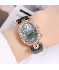 Rhinestone Rimmed Oval Shape Unique Design Women High Fashion Leather Wrist Watch - Green