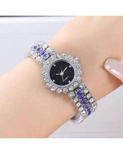 Full Rhinestone Embellished Starry Dial Design Women Wrist Costume Watch - Silver and Blue