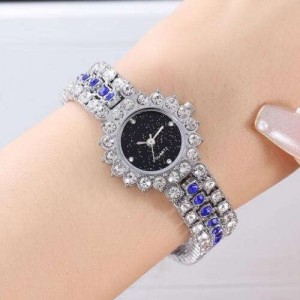 Full Rhinestone Embellished Starry Dial Design Women Wrist Costume Watch - Silver and Blue