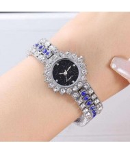 Full Rhinestone Embellished Starry Dial Design Women Wrist Costume Watch - Silver and Blue