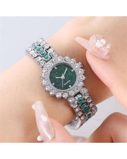 Full Rhinestone Embellished Starry Dial Design Women Wrist Costume Watch - Silver Green