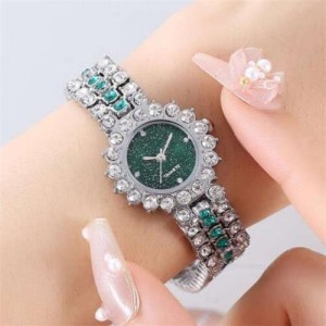 Full Rhinestone Embellished Starry Dial Design Women Wrist Costume Watch - Silver Green