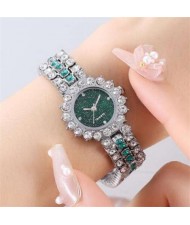 Full Rhinestone Embellished Starry Dial Design Women Wrist Costume Watch - Silver Green