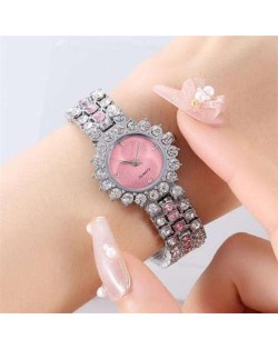 Full Rhinestone Embellished Starry Dial Design Women Wrist Costume Watch - Silver Pink
