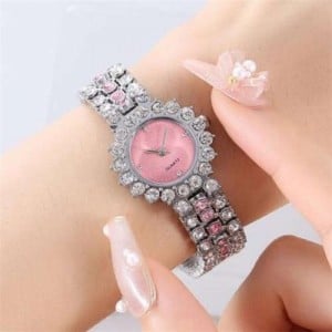 Full Rhinestone Embellished Starry Dial Design Women Wrist Costume Watch - Silver Pink