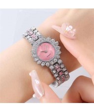 Full Rhinestone Embellished Starry Dial Design Women Wrist Costume Watch - Silver Pink