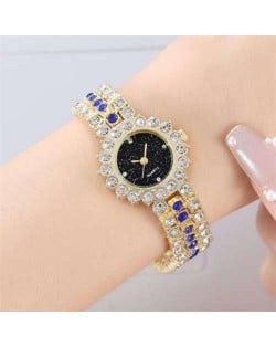 Full Rhinestone Embellished Starry Dial Design Women Wrist Costume Watch - Golden Black