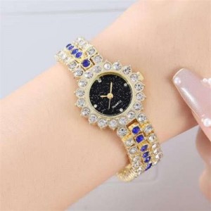 Full Rhinestone Embellished Starry Dial Design Women Wrist Costume Watch - Golden Black