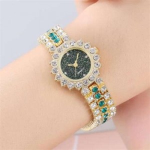 Full Rhinestone Embellished Starry Dial Design Women Wrist Costume Watch - Golden Green