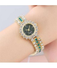 Full Rhinestone Embellished Starry Dial Design Women Wrist Costume Watch - Golden Green