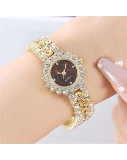 Full Rhinestone Embellished Starry Dial Design Women Wrist Costume Watch - Golden Yellow