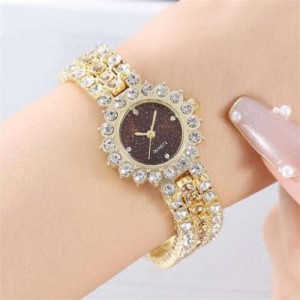Full Rhinestone Embellished Starry Dial Design Women Wrist Costume Watch - Golden Yellow