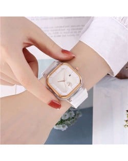 Simple Square Design Casual Fashion Silicone Band Women Wrist Costume Watch - White