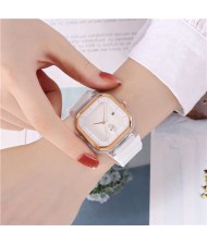 Simple Square Design Casual Fashion Silicone Band Women Wrist Costume Watch - White