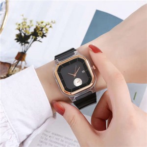 Simple Square Design Casual Fashion Silicone Band Women Wrist Costume Watch - Black